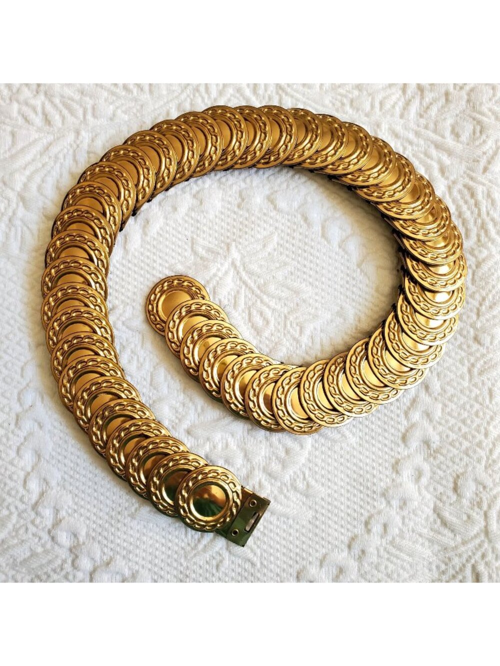 EUC Vtg Wm 30-36" Gold Tone Medallion Stretch Belt Disc Coin Link Hook GypsyBoho
